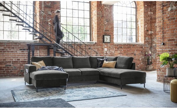 Divano letto a U in velluto grigio scuro, angolo destro Lofty Lilly - Miuform