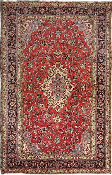 Tappeto Hamadan Fine Persia Medaglione Rosso Scarlatto Blu Notte 210x324 Cm