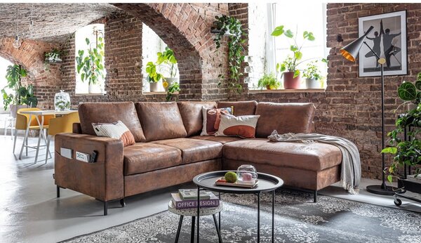 Divano letto angolare in similpelle marrone (angolo destro) Lofty Lilly - Miuform
