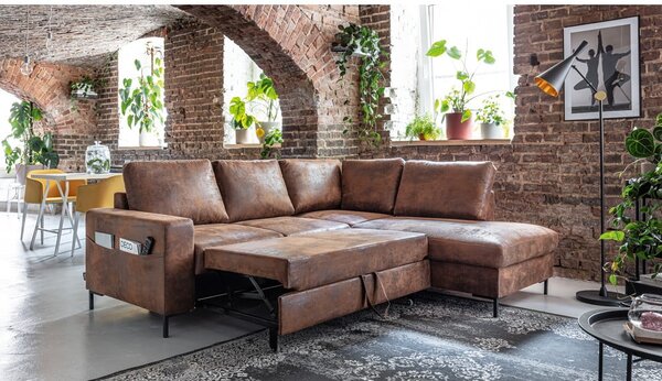 Divano letto angolare in similpelle marrone (angolo destro) Lofty Lilly - Miuform
