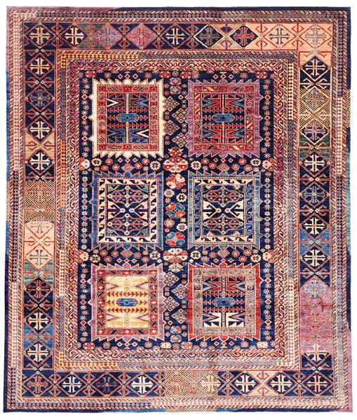 Tappeto Tribal Pakistan Geometrico Blu Rosso 251x296 Cm