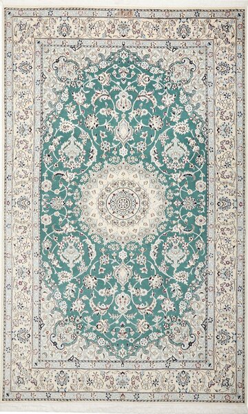 Tappeto Nain 9la Persia Medaglione Verde Acqua Crema 154x250 Cm