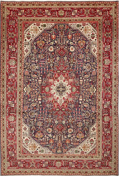 Tappeto Tabriz Persia Medaglione Blu Rosso Crema 198x294 Cm