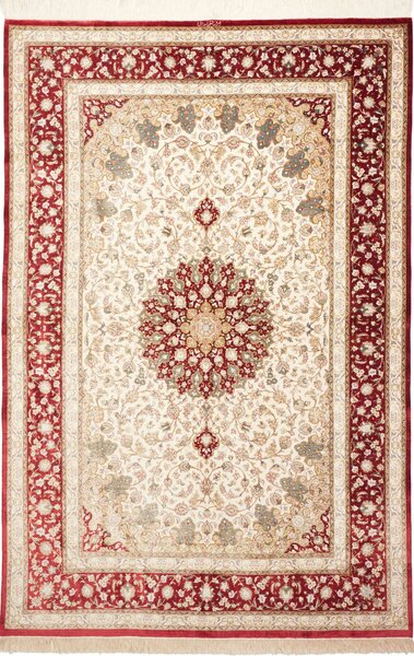 Tappeto Ghom Seta Persia Medaglione Crema Rosso 154x233 Cm