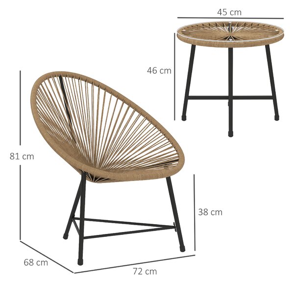 Outsunny Set da Giardino 3 Pezzi in Rattan PE e Acciaio con 2 Sedie Ovali e Tavolino da Caffè, Nero e color Legno
