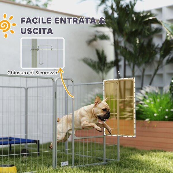 PawHut Recinto per Cani a 8 Pannelli Modulabili Pieghevole con Porta in Acciaio, Altezza 80 cm, Argento