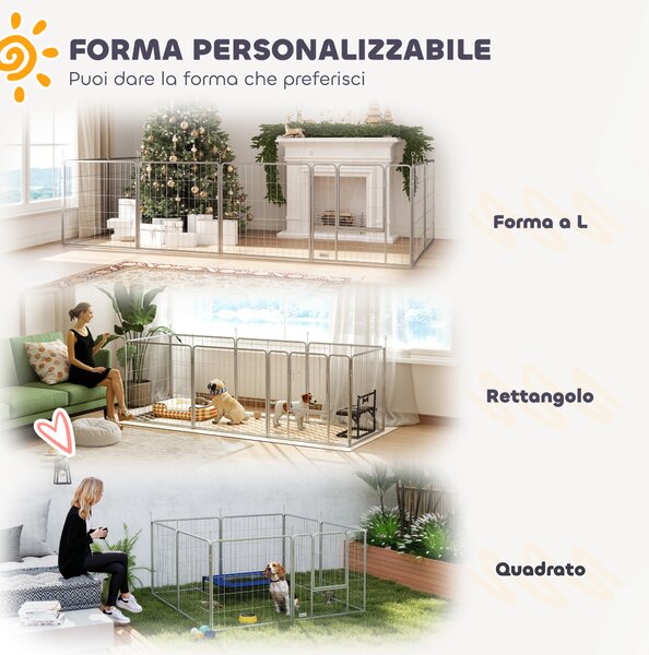 PawHut Recinto per Cani a 8 Pannelli Modulabili Pieghevole con Porta in Acciaio, Altezza 80 cm, Argento