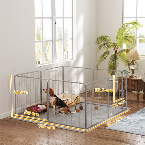 PawHut Recinto per Cani a 8 Pannelli Modulabili Pieghevole con Porta in Acciaio, Altezza 80 cm, Argento