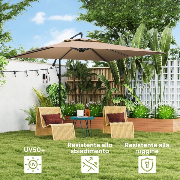 Outsunny Ombrellone a Braccio 3x3 m con Copertura Regolabile e Base a Croce, in Metallo e Poliestere, color Cachi