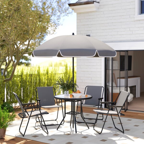 Outsunny Set da Giardino 6 Pezzi in Acciaio con 4 Sedie Pieghevoli, Ombrellone e Tavolo Rotondo, Grigio e Nero