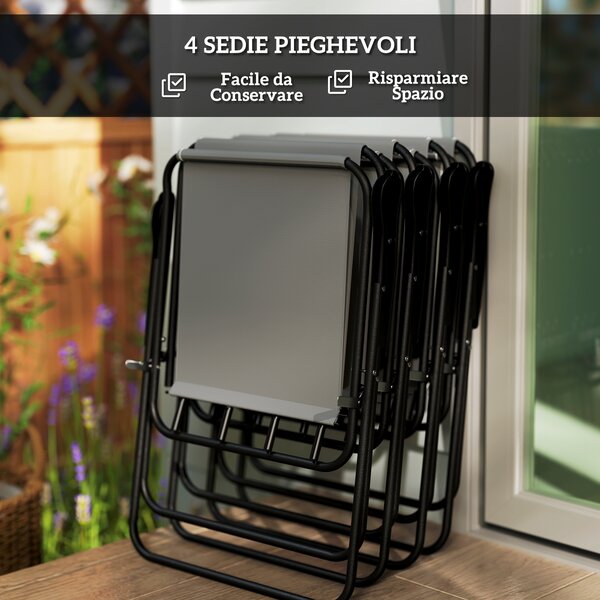 Outsunny Set da Giardino 6 Pezzi in Acciaio con 4 Sedie Pieghevoli, Ombrellone e Tavolo Rotondo, Grigio e Nero