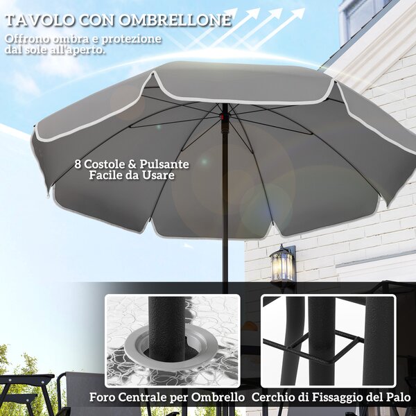 Outsunny Set da Giardino 6 Pezzi in Acciaio con 4 Sedie Pieghevoli, Ombrellone e Tavolo Rotondo, Grigio e Nero