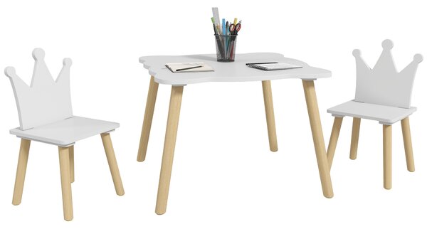 AIYAPLAY Set Tavolo e 2 Sedie per Bambini con Schienale a Corona, Età 3-6 Anni, Bianco