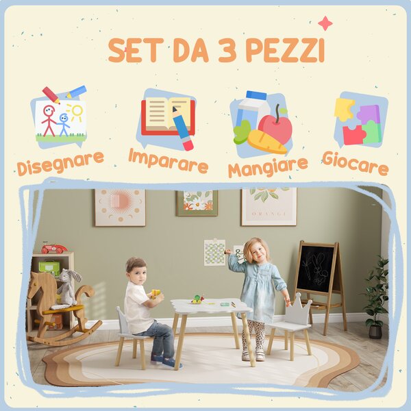 AIYAPLAY Set Tavolo e 2 Sedie per Bambini con Schienale a Corona, Età 3-6 Anni, Bianco