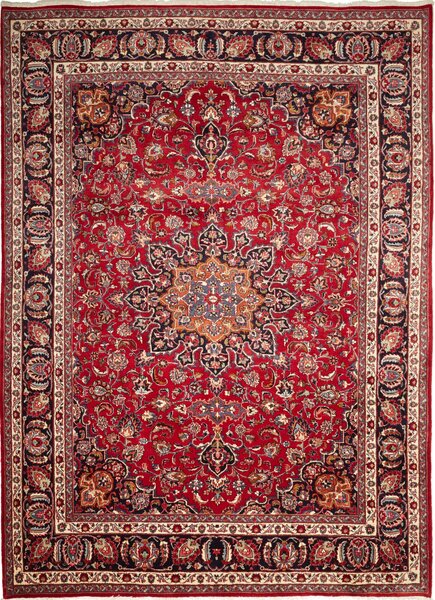 Tappeto Mashad Persia Medaglione Rosso Blu Scuro 244x340 Cm
