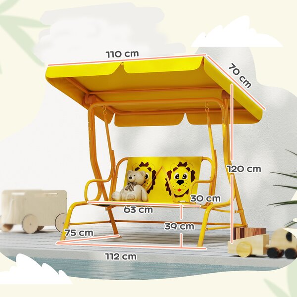 AIYAPLAY Dondolo per Bambini da Esterno a 2 Posti con Tettuccio Regolabile e Cinture di Sicurezza, 112x75x120 cm, Giallo