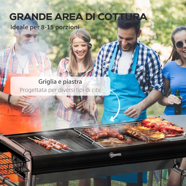 Outsunny Barbecue a Carbonella con Griglia e Piastra di Cottura, Cestino e Ripiani, 96x61x72cm, Nero|Aosom