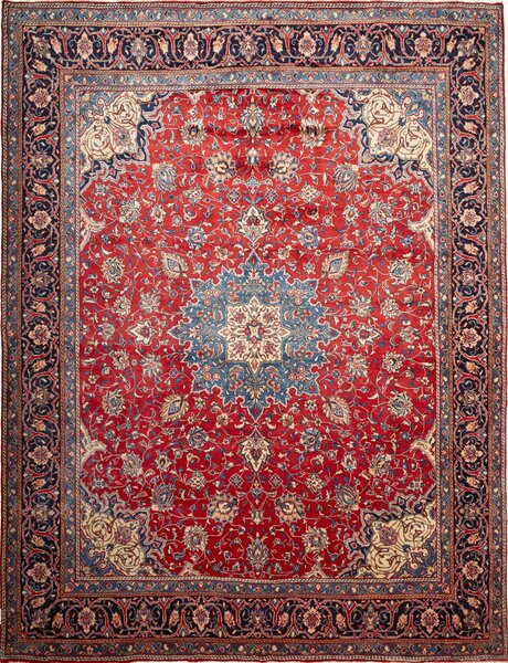 Tappeto Sarough Persia Medaglione Rosso Blu 306x395 Cm