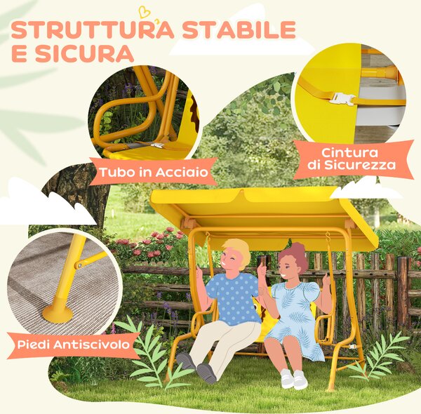 AIYAPLAY Dondolo per Bambini da Esterno a 2 Posti con Tettuccio Regolabile e Cinture di Sicurezza, 112x75x120 cm, Giallo