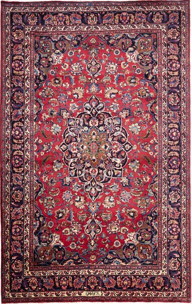 Tappeto Mashad Persia Medaglione Rosso Blu Scuro 204x325 Cm