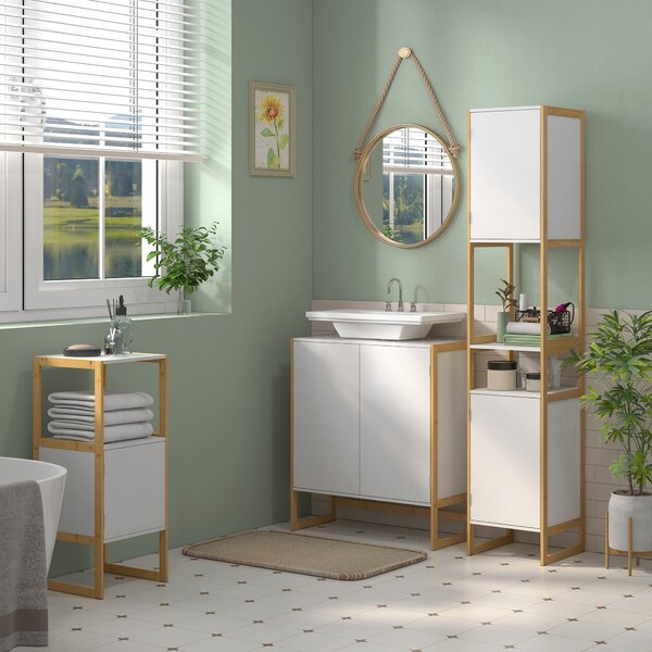 HOMCOM Mobile Bagno con Ripiano Aperto e Anta con Apertura a Pressione in Bambù e MDF, 33x33x80cm, Bianco|Aosom