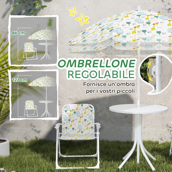 AIYAPLAY Set da Giardino per Bambini 2-5 Anni con Tavolino Rotondo, 2 Sedie Pieghevoli e un Ombrellone, Bianco