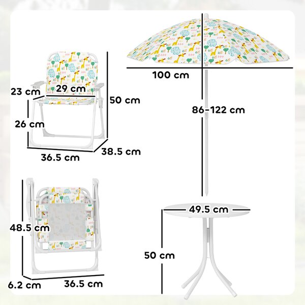 AIYAPLAY Set da Giardino per Bambini 2-5 Anni con Tavolino Rotondo, 2 Sedie Pieghevoli e un Ombrellone, Bianco