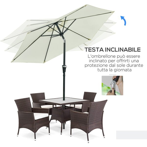 Outsunny Ombrellone da Giardino Inclinabile Φ230cm, Apertura a Manovella, Palo in Metallo e 6 Stecche, Bianco Crema|Aosom