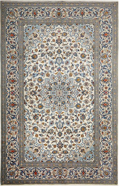 Tappeto Kashan Persia Medaglione Crema Blu 197x308 Cm