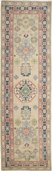 Tappeto Kazak Afghanistan Astratto Beige Blu 85x280 Cm