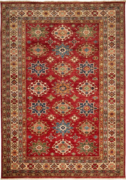 Tappeto Kazak Fine Pakistan Geometrico Rosso Blu 188x264 Cm