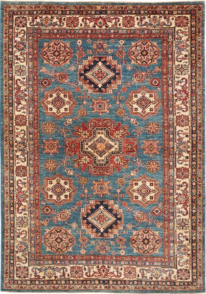 Tappeto Kazak Fine Pakistan Geometrico Blu Petrolio Rosso 166x238 Cm