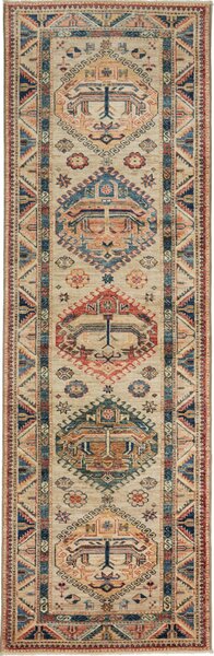 Tappeto Kazak Fine Pakistan Astratto Beige Blu 84x255 Cm