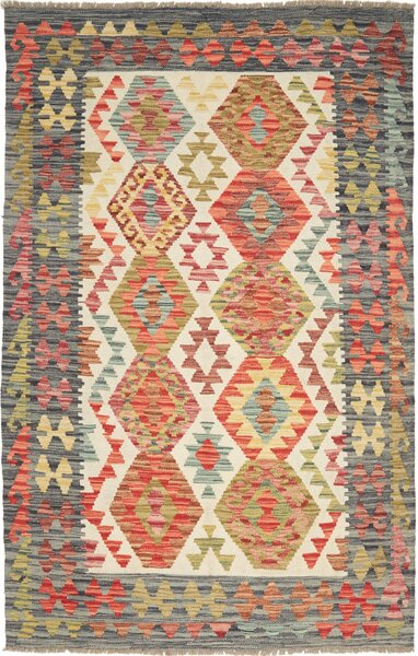 Tappeto Kilim Afghanistan Geometrico Crema Rosso 124x195 Cm