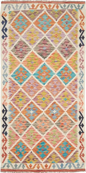 Tappeto Kilim Afghanistan Geometrico Avorio Multicolore 99x199 Cm
