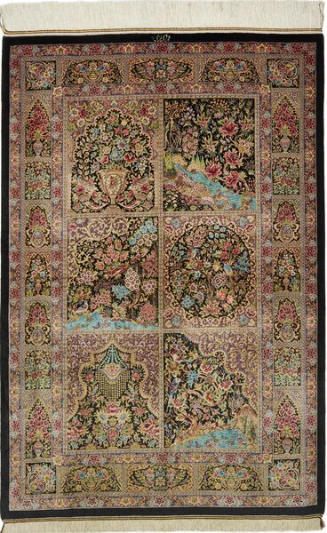 Tappeto Ghom Seta Persia Floreale Nero Policromo 100x149 Cm