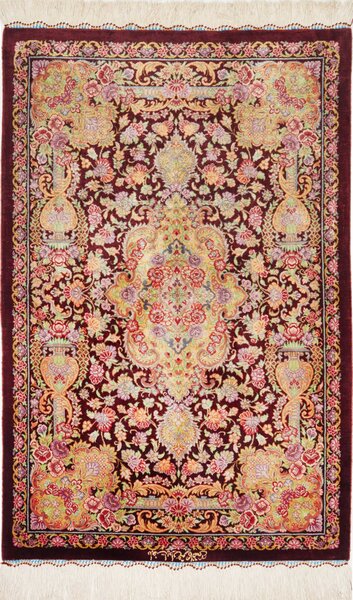 Tappeto Ghom Seta Persia Medaglione Bordeaux Oro 60x90 Cm