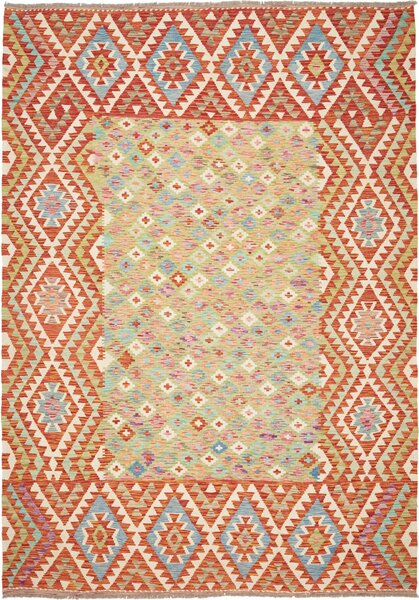 Tappeto Kilim Afghanistan Geometrico Verde Arancio 204x294 Cm