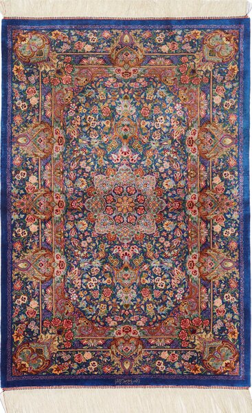Tappeto Ghom Seta Persia Medaglione Blu Petrolio Rosso 80x117 Cm