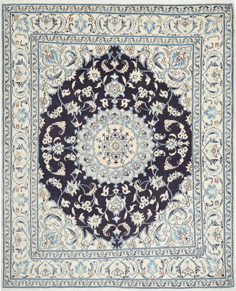 Tappeto Nain Kashmar Persia Medaglione Blu Scuro Crema 206x252 Cm