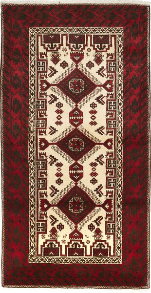 Tappeto Baluch Persia Astratto Rosso Bordeaux Crema 103x197 Cm