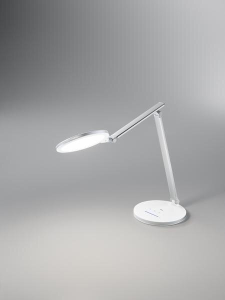Lampada da tavolo orientabile in plastica e metallo colore bianco. 