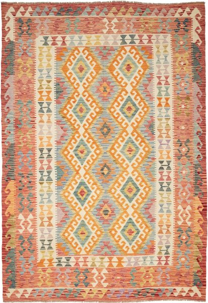 Tappeto Kilim Afghanistan Astratto Terracotta Azzurro 203x299 Cm