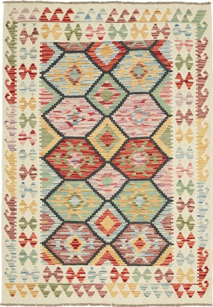 Tappeto Kilim Afghanistan Geometrico Crema Multicolore 129x181 Cm