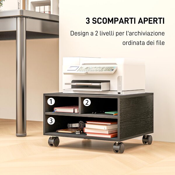 HOMCOM Mobile Porta Stampante a 2 Ripiani in Legno con Ruote per Ufficio e Studio, 47x40x22.5cm, Nero|Aosom