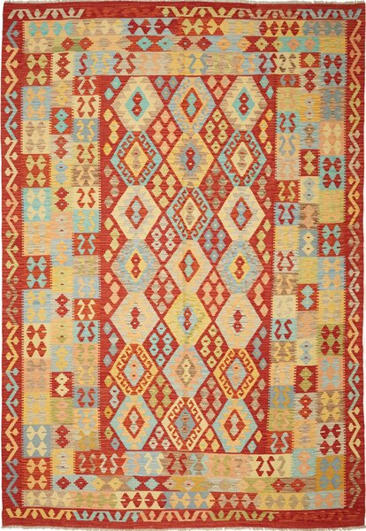 Tappeto Kilim Afghanistan Geometrico Rosso Giallo 213x303 Cm