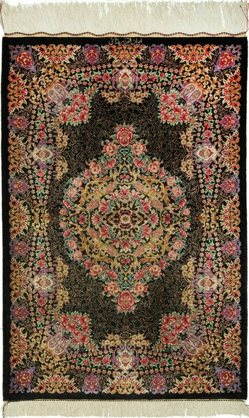 Tappeto Ghom Seta Persia Medaglione Nero Policromo 60x90 Cm