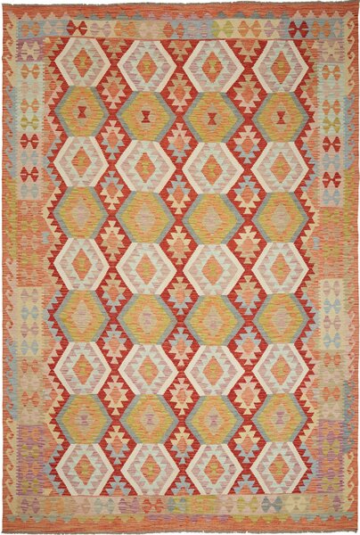 Tappeto Kilim Afghanistan Geometrico Rosso Arancione 197x293 Cm