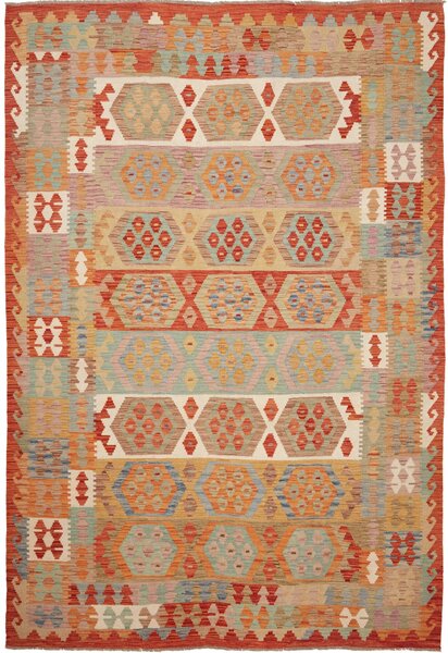 Tappeto Kilim Afghanistan Astratto Terracotta Blu 199x294 Cm