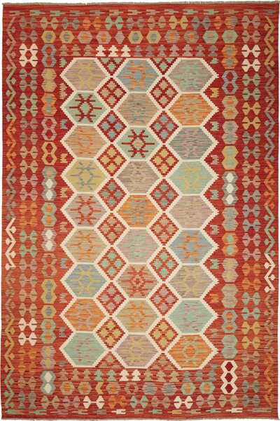 Tappeto Kilim Afghanistan Geometrico Rosso Policromo 201x297 Cm